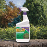 Ready-to-use weed killer spray bottle outdoors, targeting crabgrass and broadleaf weeds.
