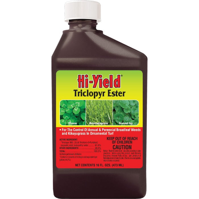 Hi-Yield Triclopyr Ester: 16 fl oz weed killer for annual & perennial broadleaf weeds in ornamental turf.
