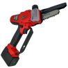 Red cordless chainsaw with 4-inch blade, showcasing battery and oil reservoir.
