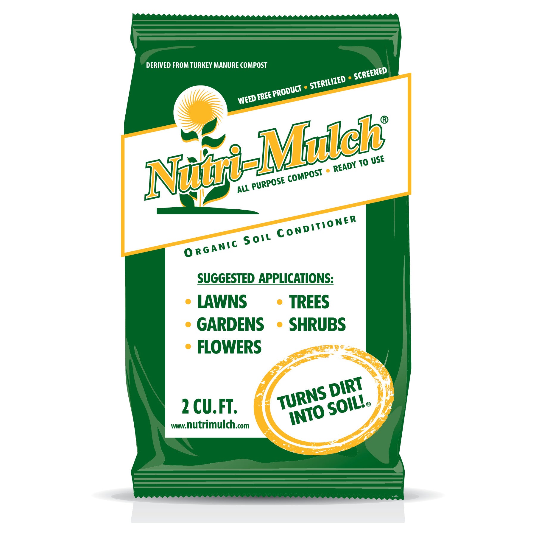 Nutri-Mulch Compost: 2 cu ft bag of all-purpose organic soil conditioner; ideal for lawns, gardens, trees, shrubs & flowers.  Weed-free & ready to use.
