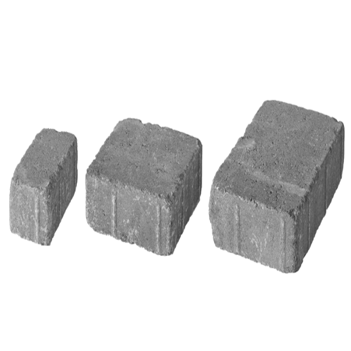 Gray concrete paving stones in various sizes, ideal for landscaping projects.
