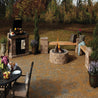 Outdoor fire pit and patio seating area with brick pavers.
