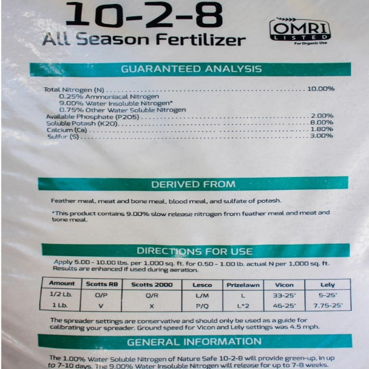 Nature Safe 10-2-8 All Season Fertilizer: 10% Nitrogen, OMRI Listed, slow-release formula for 7-8 weeks green-up.
