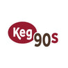 Keg90s logo: maroon oval with white lettering, dark brown "90s" text.
