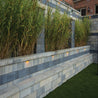 Contemporary retaining wall with integrated seating, illuminated at night, landscaped with ornamental grasses.
