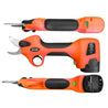 Cordless electric hand pruners with orange and black handles, shown from multiple angles.
