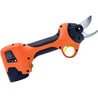 Cordless electric hand pruner with orange and black handle, featuring sharp blades for efficient pruning.
