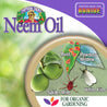 Neem oil concentrate product label: images of walnuts, spider mites, whiteflies, and leaves affected by rust and powdery mildew illustrate its organic gardening uses.
