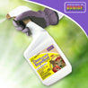 Ready-to-use deer and rabbit repellent spray bottle in a garden setting.
