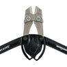 Close-up of bolt cutters with gray cutting blades and black handles, showcasing the tool's mechanism.
