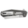 Gray and silver folding utility knife with textured handle detail.
