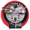 Dramm 50-foot ColorStorm Premium Rubber Hose: 5/8-inch red hose, crush-proof brass couplings, hot water resistant to 160°F, lifetime guarantee.
