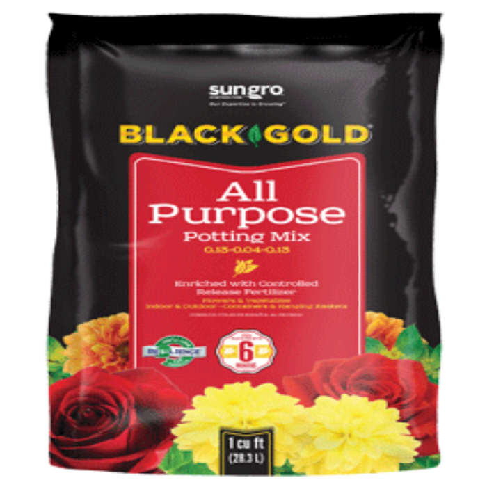 Sungro Black Gold All-Purpose Potting Mix, 1 cu ft, enriched with controlled-release fertilizer for flowers & vegetables, indoor & outdoor use.
