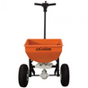 Orange 50lb capacity spreader with black wheels and handle, ideal for professional landscaping.
