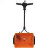 Orange 50lb capacity spreader with black frame and wheels, ideal for lawn care.
