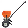 Orange 50lb capacity spreader with black metal handle and wheels, shown against a white background.
