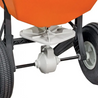 Close-up of a 50lb spreader's gear drive and wheels.
