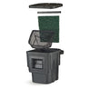 Pond filter system components:  black plastic filter unit, mesh debris net, green filter pad, and cover.
