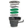 Exploded view of a pond filter system, showcasing its components: a black plastic container, green filter pads, and various black plastic parts.
