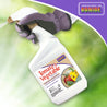 Ready-to-use garden spray bottle for pest and disease control on tomatoes and vegetables; shown in a gloved hand against a blurred green background.
