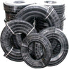 Black flexible PVC piping coils, bundled and shrink-wrapped for sale.
