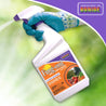 Ready-to-use fungicide bottle, shown being sprayed, controls plant diseases on various plants.
