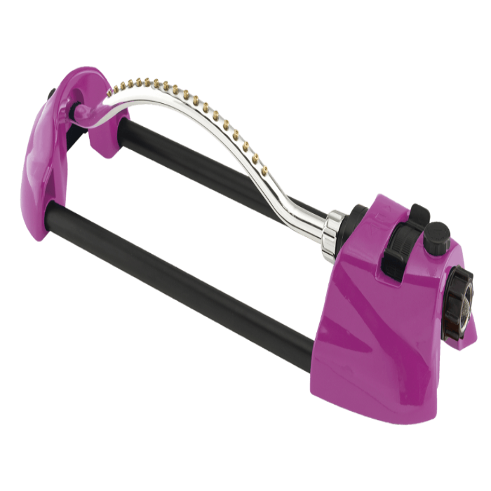 Purple oscillating sprinkler with adjustable spray pattern.
