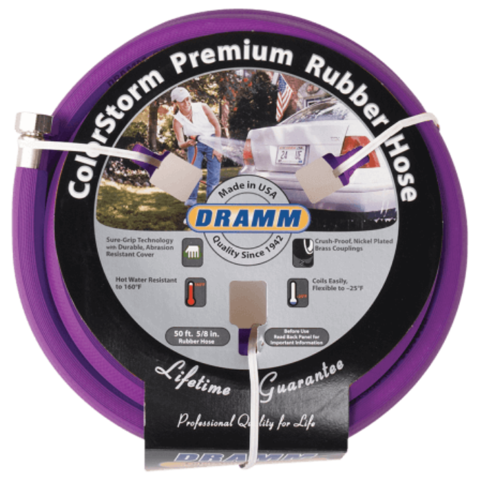 Purple 50-foot rubber hose coiled with product details, showing a person watering a car.
