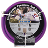 Purple 50-foot rubber hose coiled with product details, showing a person watering a car.
