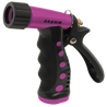 Purple and black garden hose nozzle with ergonomic grip.
