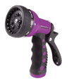 Purple and black 9-pattern spray nozzle with ergonomic grip, ideal for watering.
