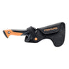 13-inch billhook saw with orange and black handle, in a black nylon sheath.
