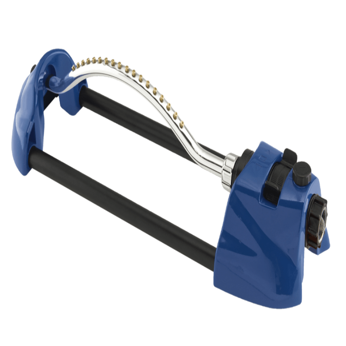 Blue oscillating sprinkler with adjustable spray, ideal for even lawn watering.
