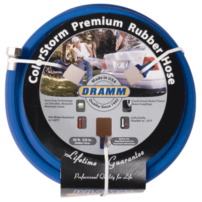 50-foot blue rubber hose, packaged, showing features like crush-proof couplings and hot water resistance.
