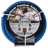 50-foot blue rubber hose, packaged, showing features like crush-proof couplings and hot water resistance.
