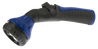 Blue and black plastic garden nozzle with adjustable spray settings.
