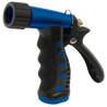 Blue and black metal garden sprayer with ergonomic grip.
