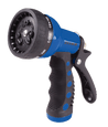 Blue and black 9-pattern spray nozzle with ergonomic grip, ideal for watering.
