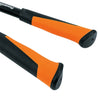 Close-up of bolt cutter handles, showcasing comfortable, ergonomic grips with orange and black accents.
