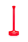 Bright red plastic deadblow hammer on a dark background.
