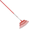 Red leaf rake with fixed tines and a long aluminum handle, ideal for yard work.
