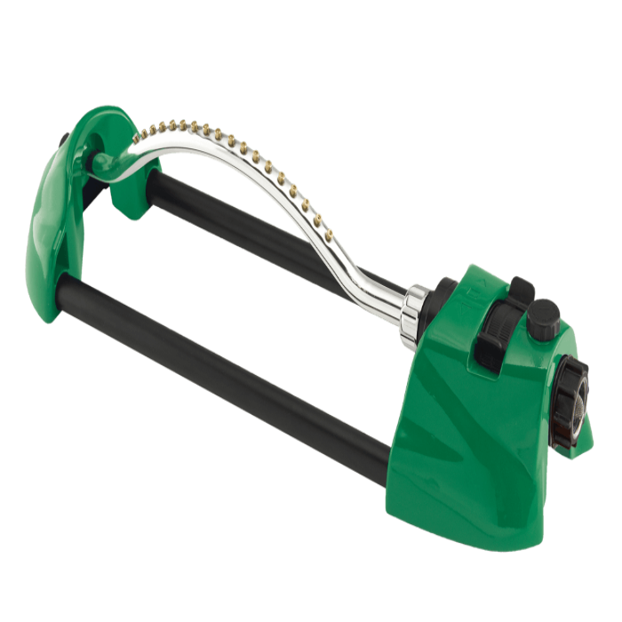 Green oscillating sprinkler with adjustable spray and brass nozzles.

