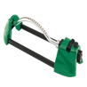 Green oscillating sprinkler with adjustable spray and brass nozzles.
