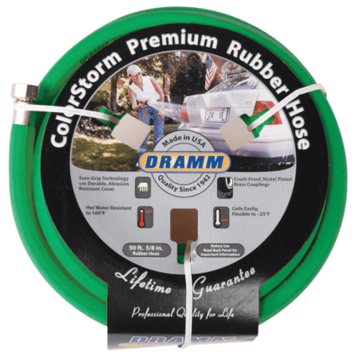 50-foot green rubber hose, showcasing durability and flexible design for various uses.
