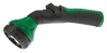 Green and black adjustable garden hose nozzle with ergonomic grip.
