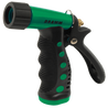 Green and black ergonomic spray nozzle with comfortable grip for watering.
