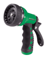 Green and black 9-pattern spray nozzle with ergonomic grip for comfortable watering.
