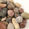Smooth river rocks in assorted earth tones, close-up view.
