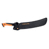 24-inch machete with black blade and orange handle, sheathed in a protective cover.
