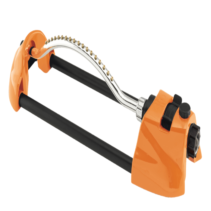Orange oscillating sprinkler with adjustable spray pattern and brass nozzles.
